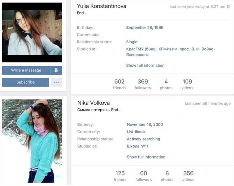 Perfiles de dos de las adolescentes rusas que supuestamente se suicidaron tras jugar. Foto: Siberian Times